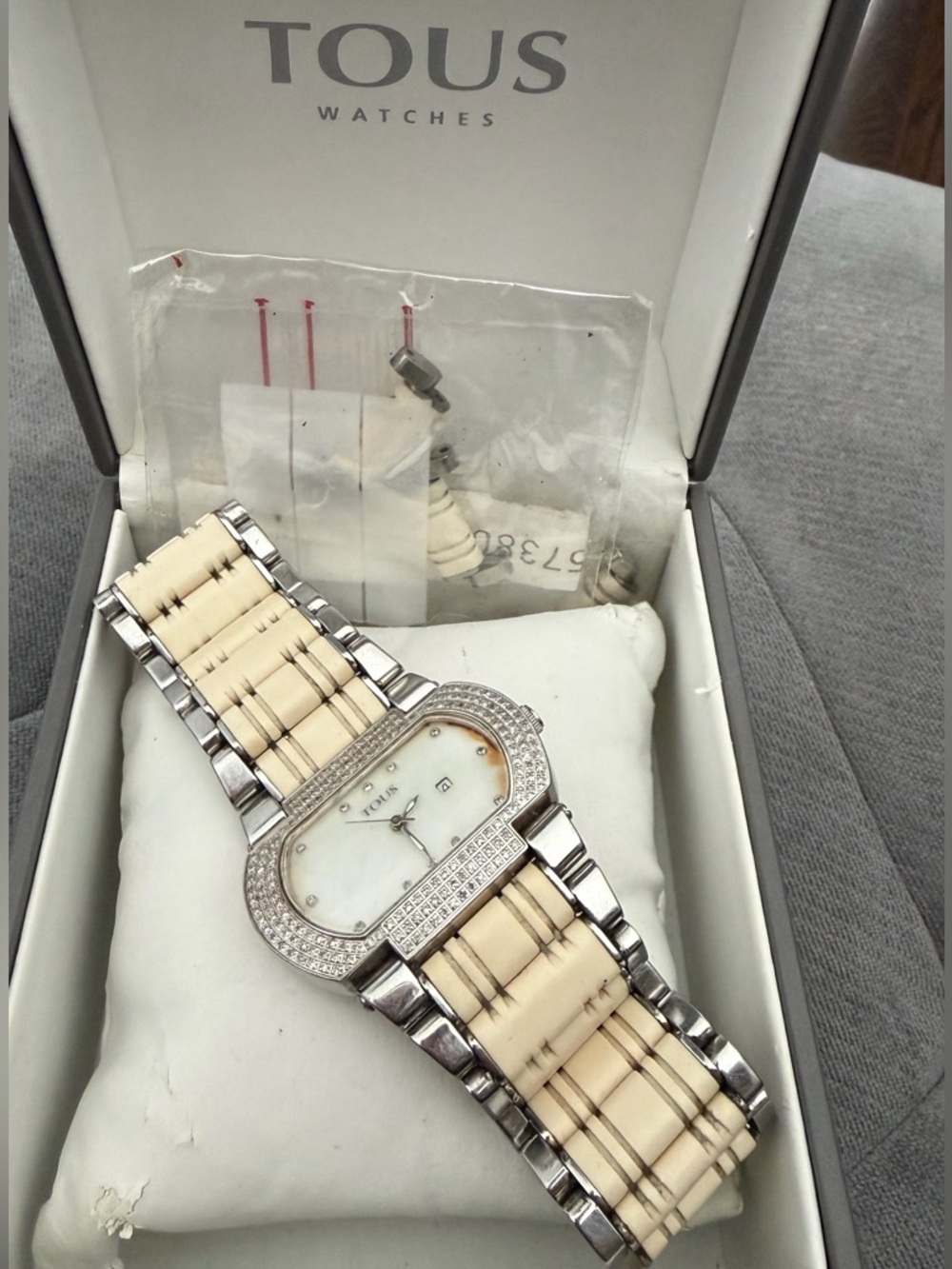 Tous Silver and Cream Ceramic Link Watch with Diamonds